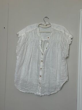 100% Linen Women's White Button-Front Blouse